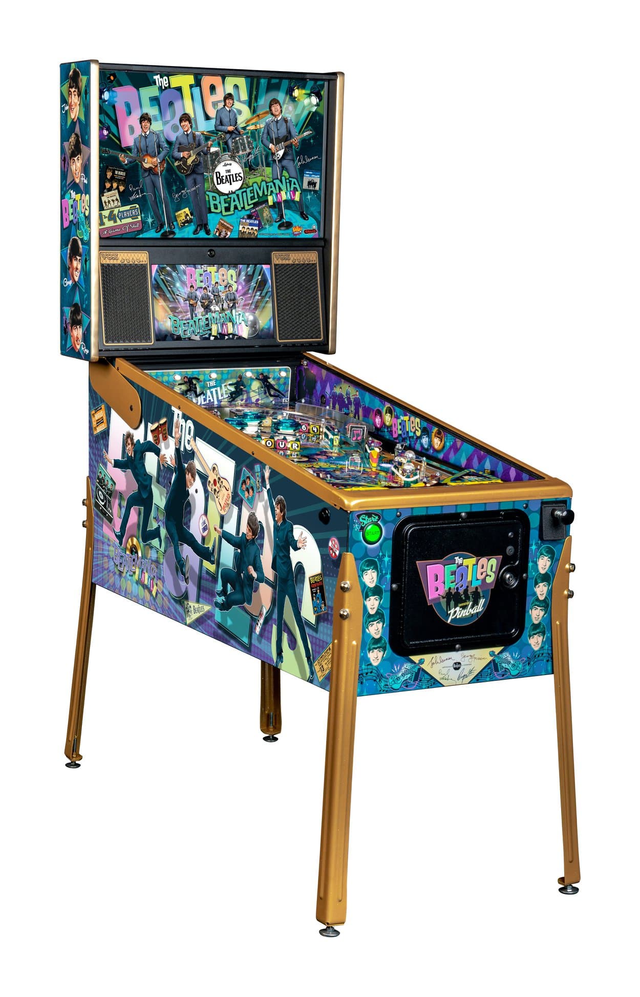 The Beatles pinball machine with colorful artwork and band members