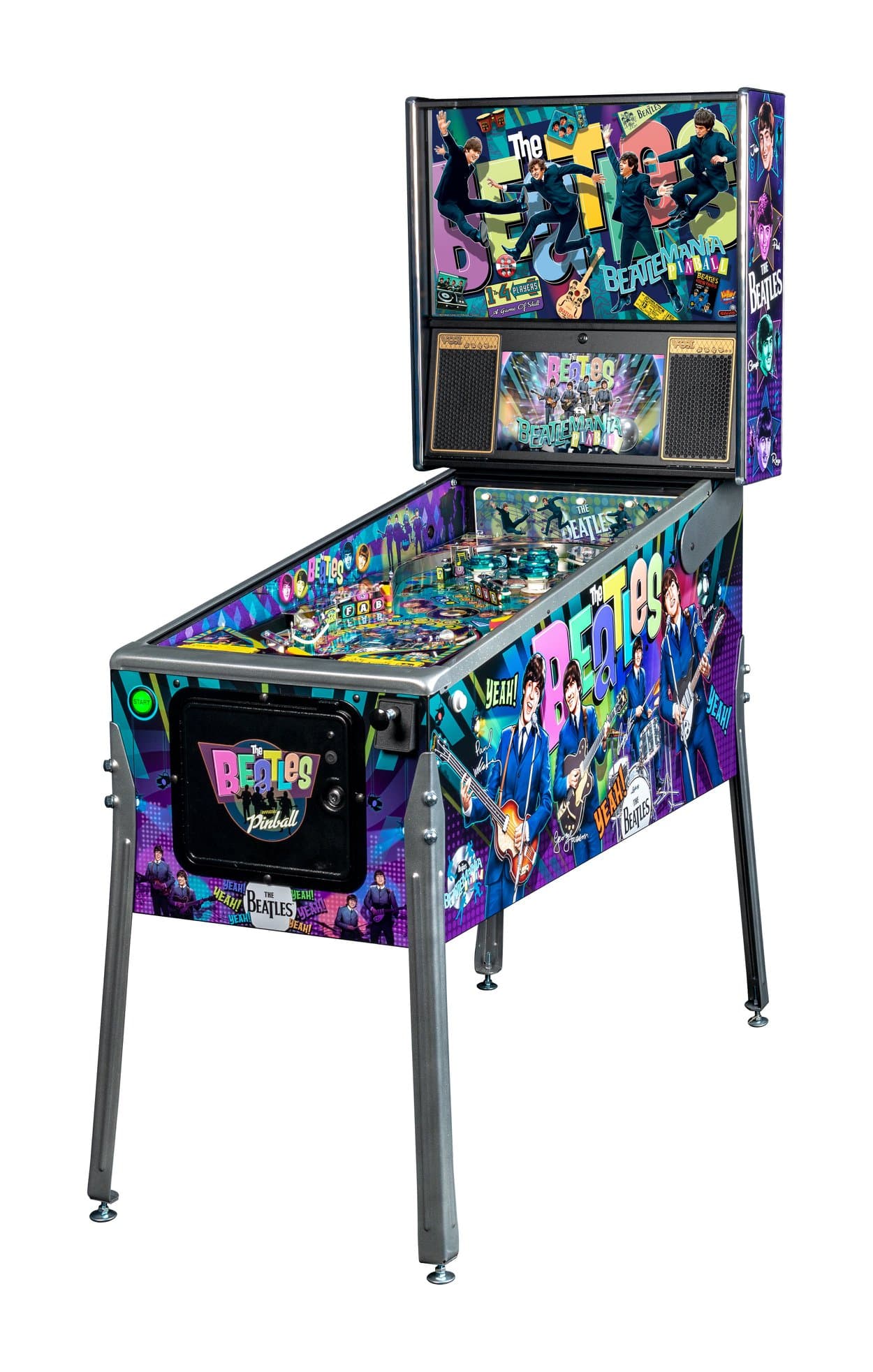 The Beatles-themed pinball machine with colorful graphic design