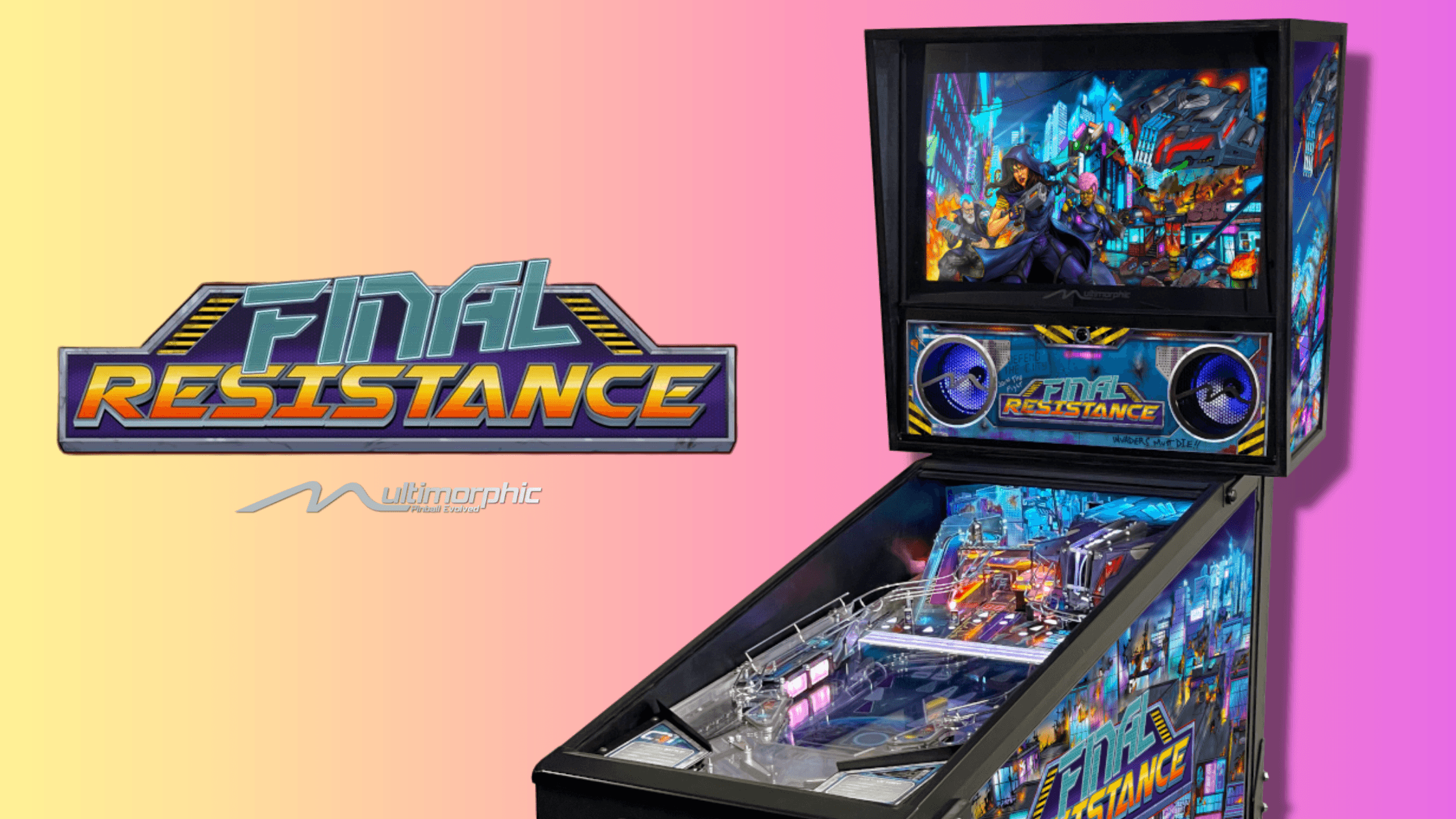 Final Resistance pinball machine with cyberpunk-themed artwork and display
