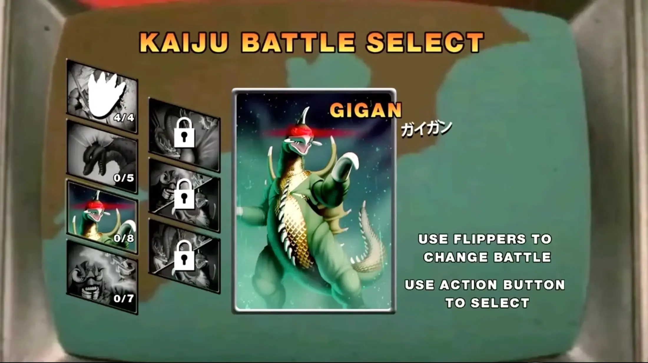 Kaiju Battle Select screen featuring Gigan, a green and gold monster