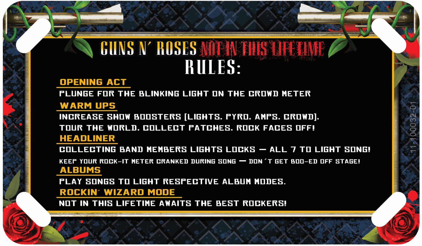 Guns N' Roses game rules with stages and decorative rose border