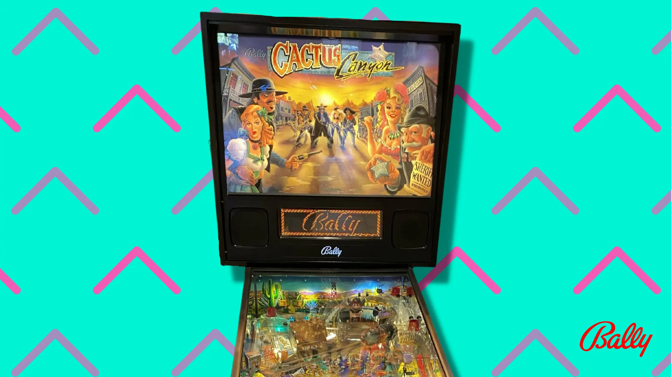Bally Cactus Canyon pinball machine with colorful Western-themed backglass