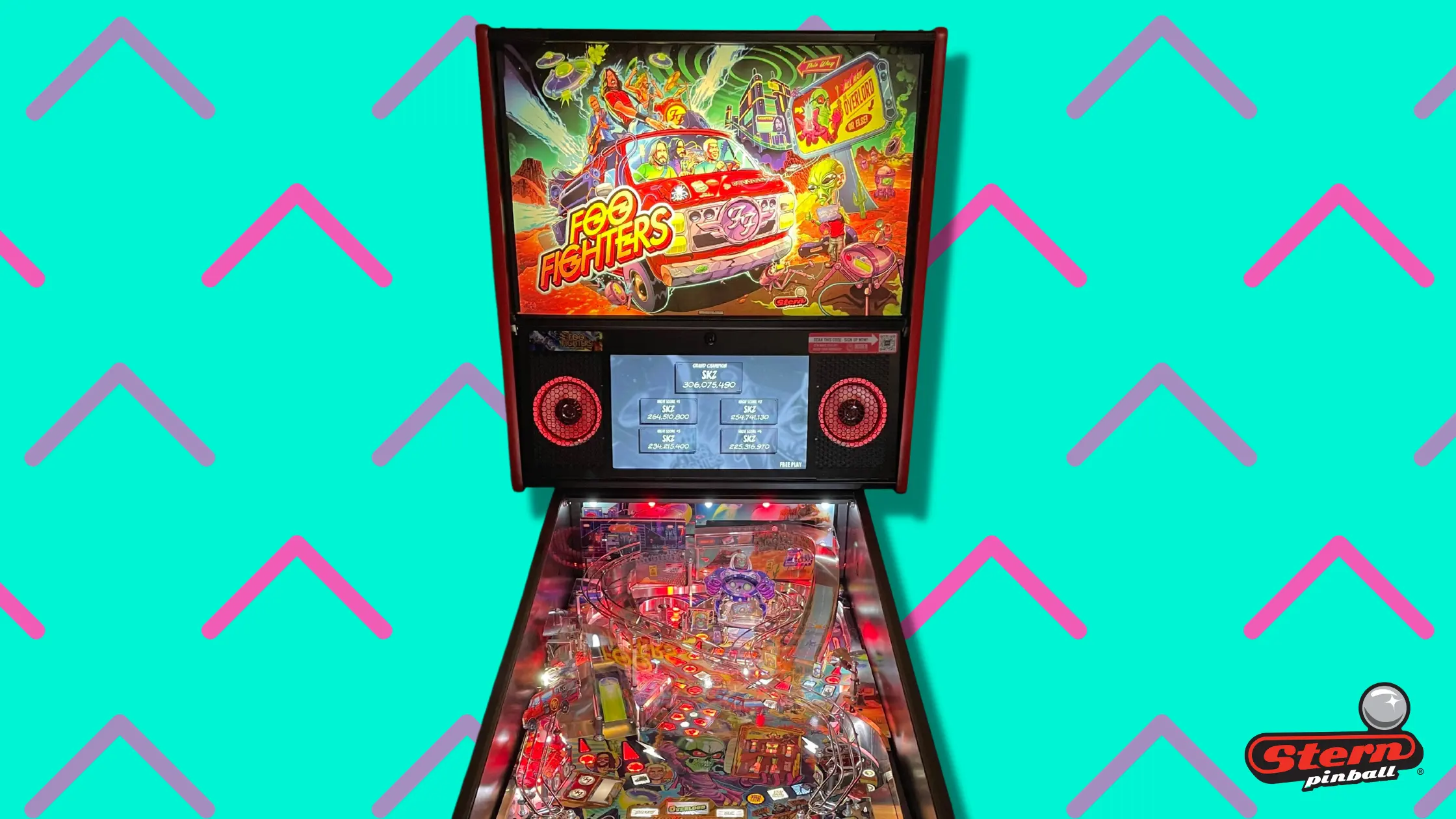 Foo Fighters themed pinball machine with colorful playfield and backglass