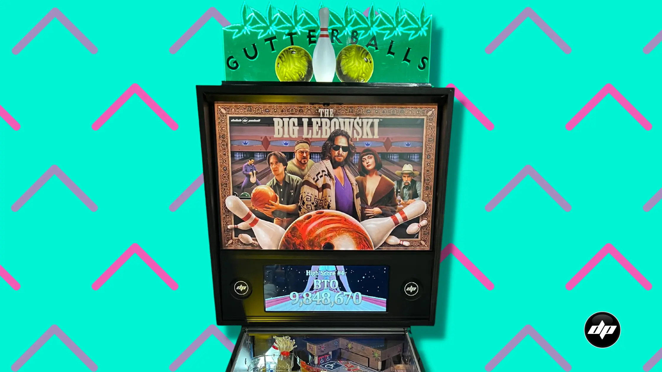 The Big Lebowski pinball machine with movie poster and high score screen