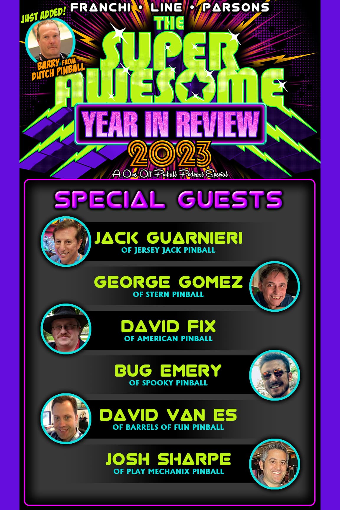 Super Awesome Pinball Year in Review 2023 podcast special guest list