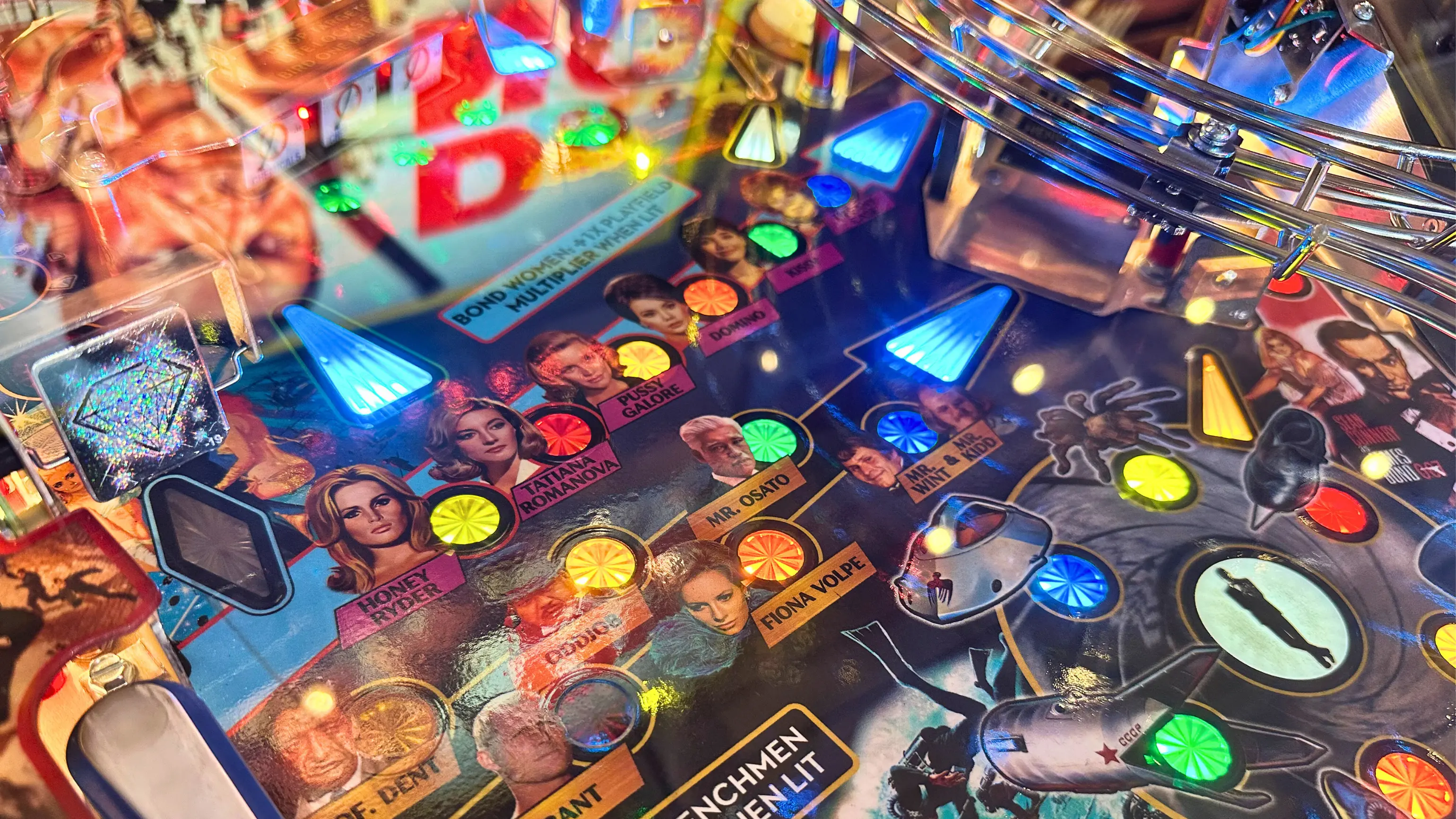 Colorful pinball machine playfield with political figures and bright lights