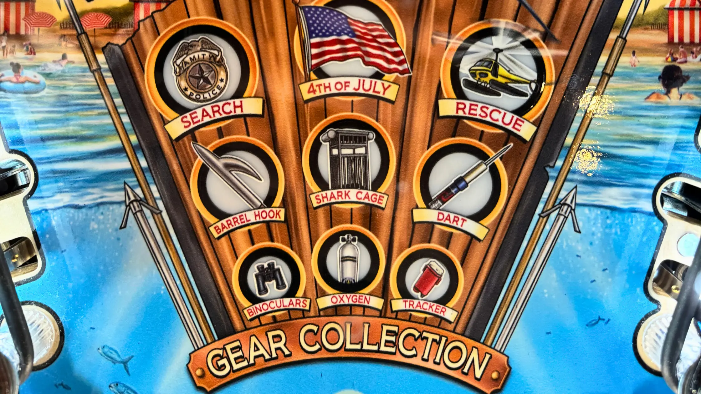 4th of July rescue gear collection with police badge, shark cage, and tools