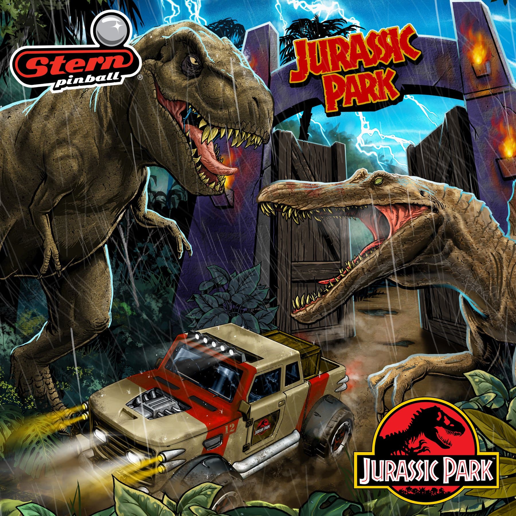 Jurassic Park pinball artwork with dinosaurs and jeep in stormy scene