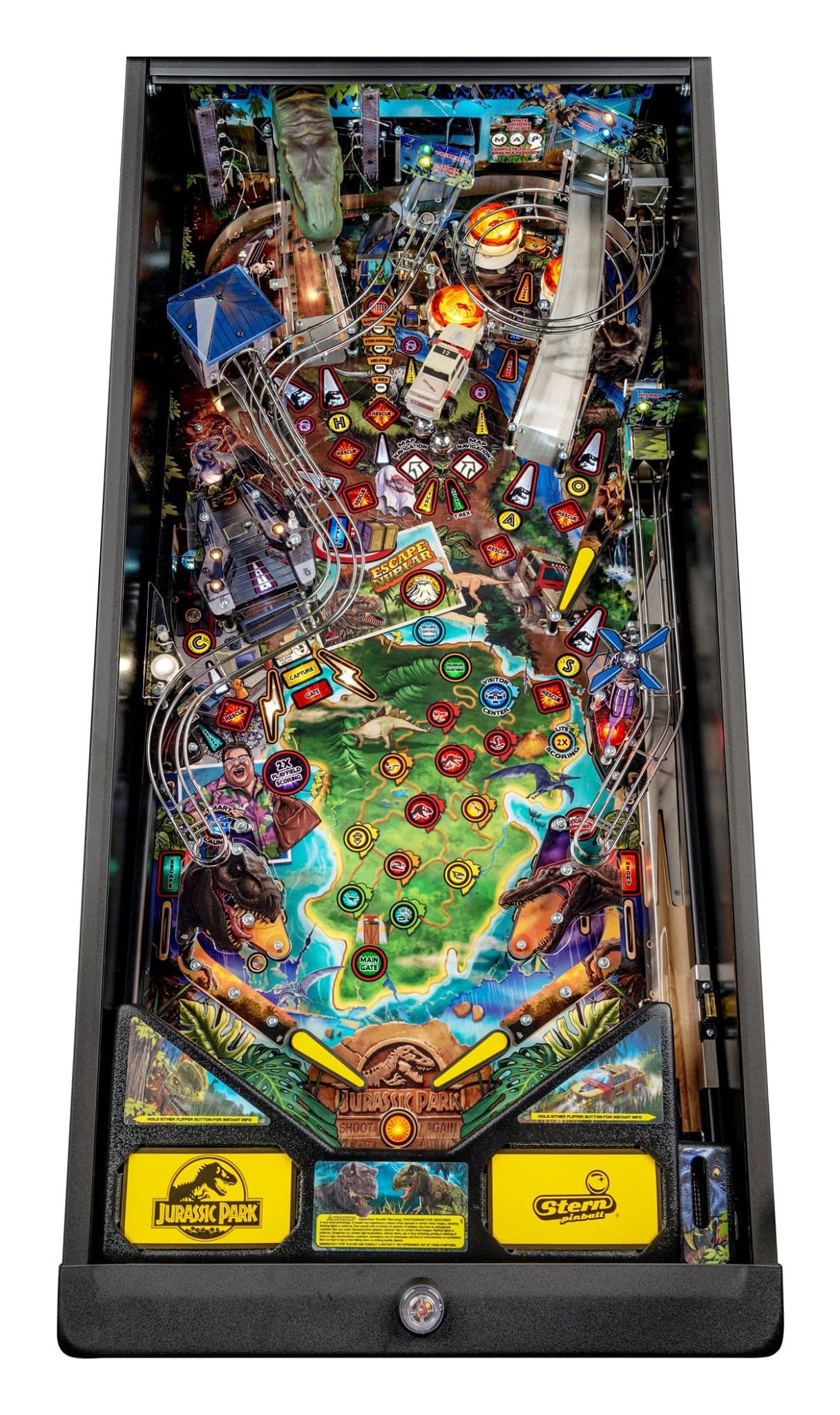 Jurassic Park themed pinball machine with dinosaurs, tracks, and colorful gameplay elements