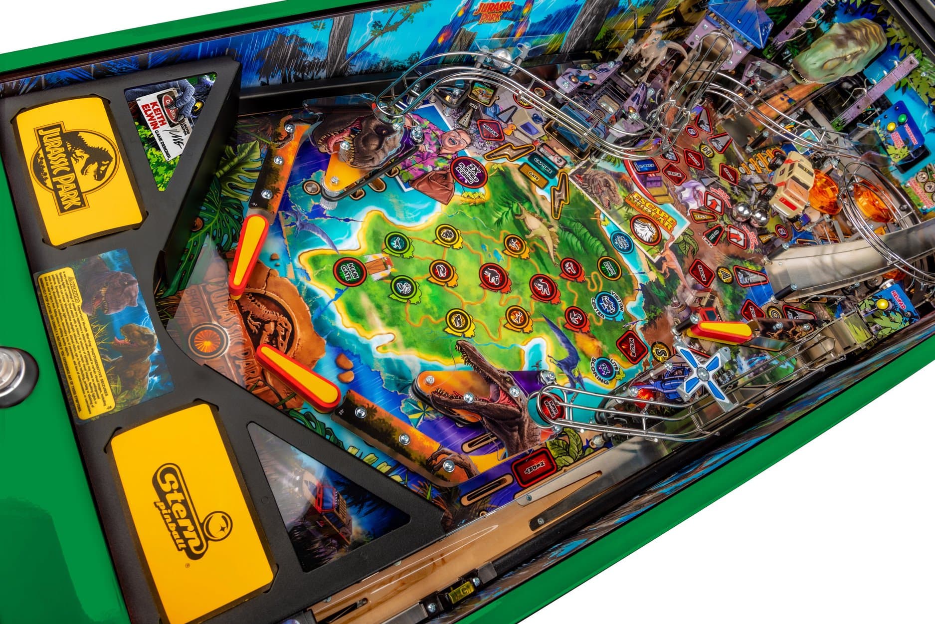 Jurassic Park pinball machine with colorful playfield and dinosaur-themed elements
