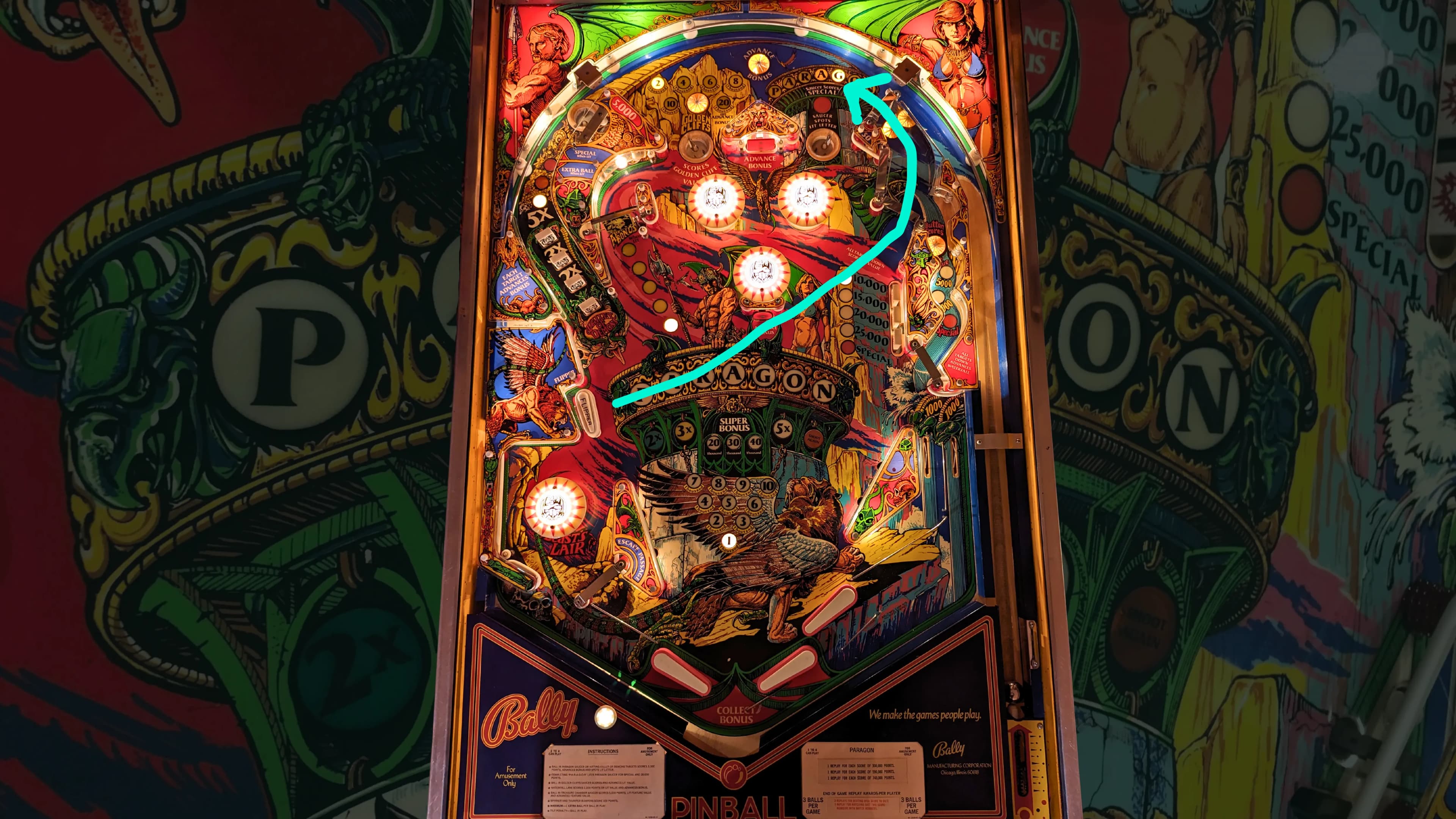 Colorful vintage Bally pinball machine with intricate artwork and glowing lights