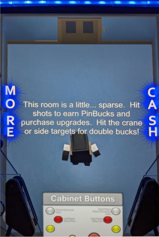 Game screen for earning PinBucks with crane and cabinet buttons