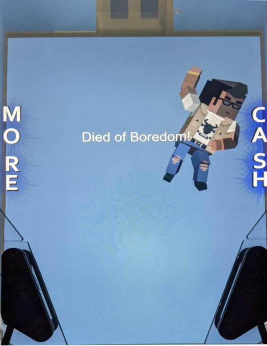 Pixelated character falling with "Died of Boredom" text on blue background