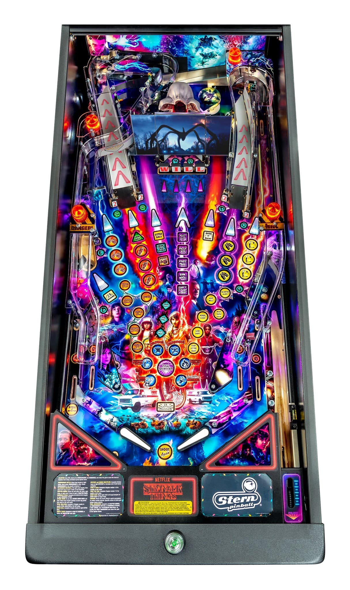 Stranger Things pinball machine with colorful playfield and detailed artwork