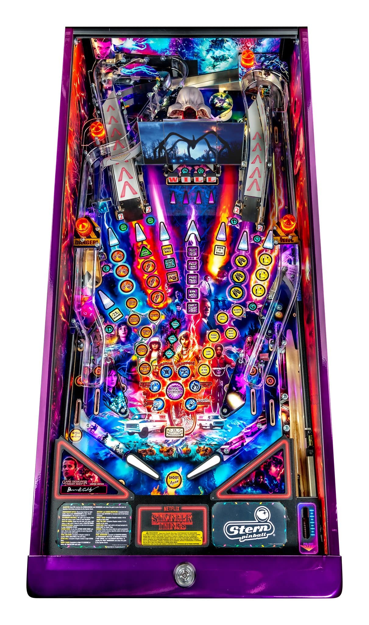 Stranger Things pinball machine with colorful playfield and supernatural design