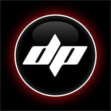 DP logo in white letters on black circular background with red glow
