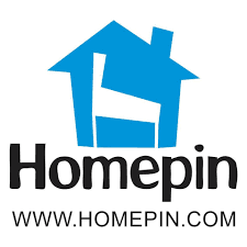 Blue and white Homepin logo with stylized house and pin design