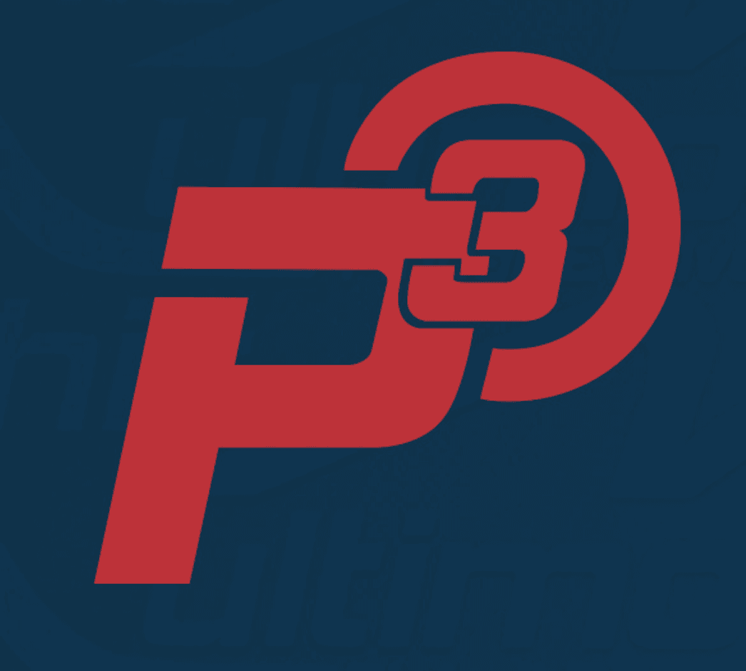 Red and blue stylized P3 logo on dark background