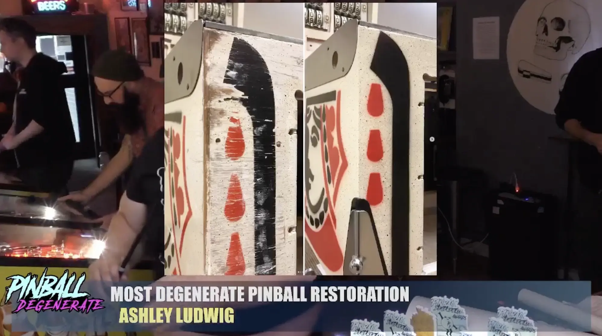 Pinball machine restoration with red and black graphic design elements