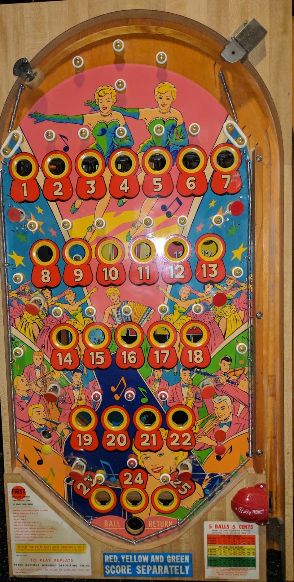 Vintage pinball machine playfield with colorful performers and numbered targets