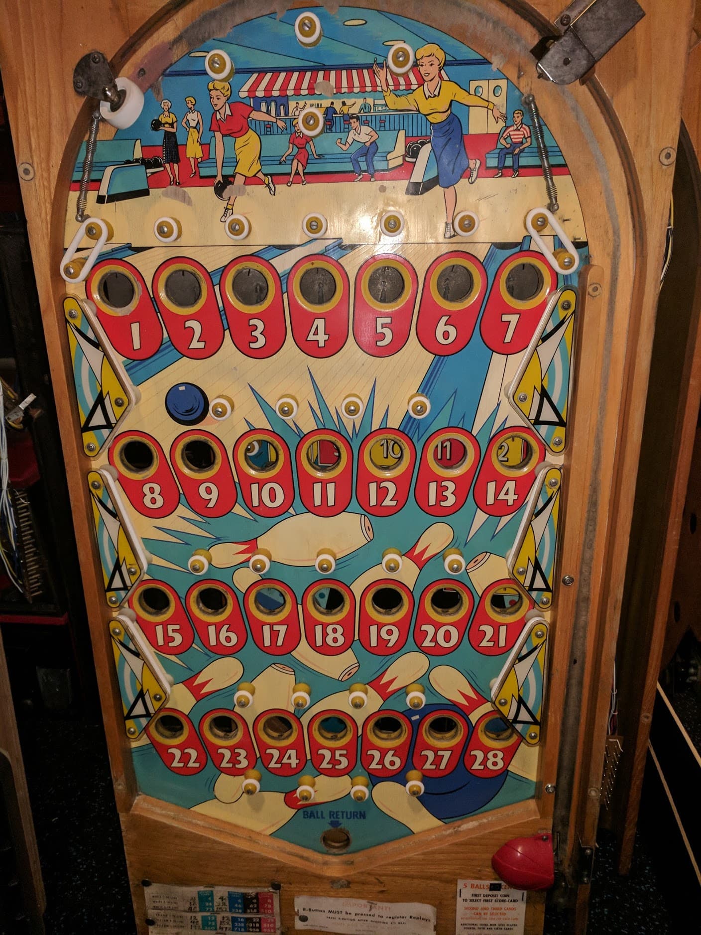Vintage pinball machine playfield with numbered targets and retro graphics