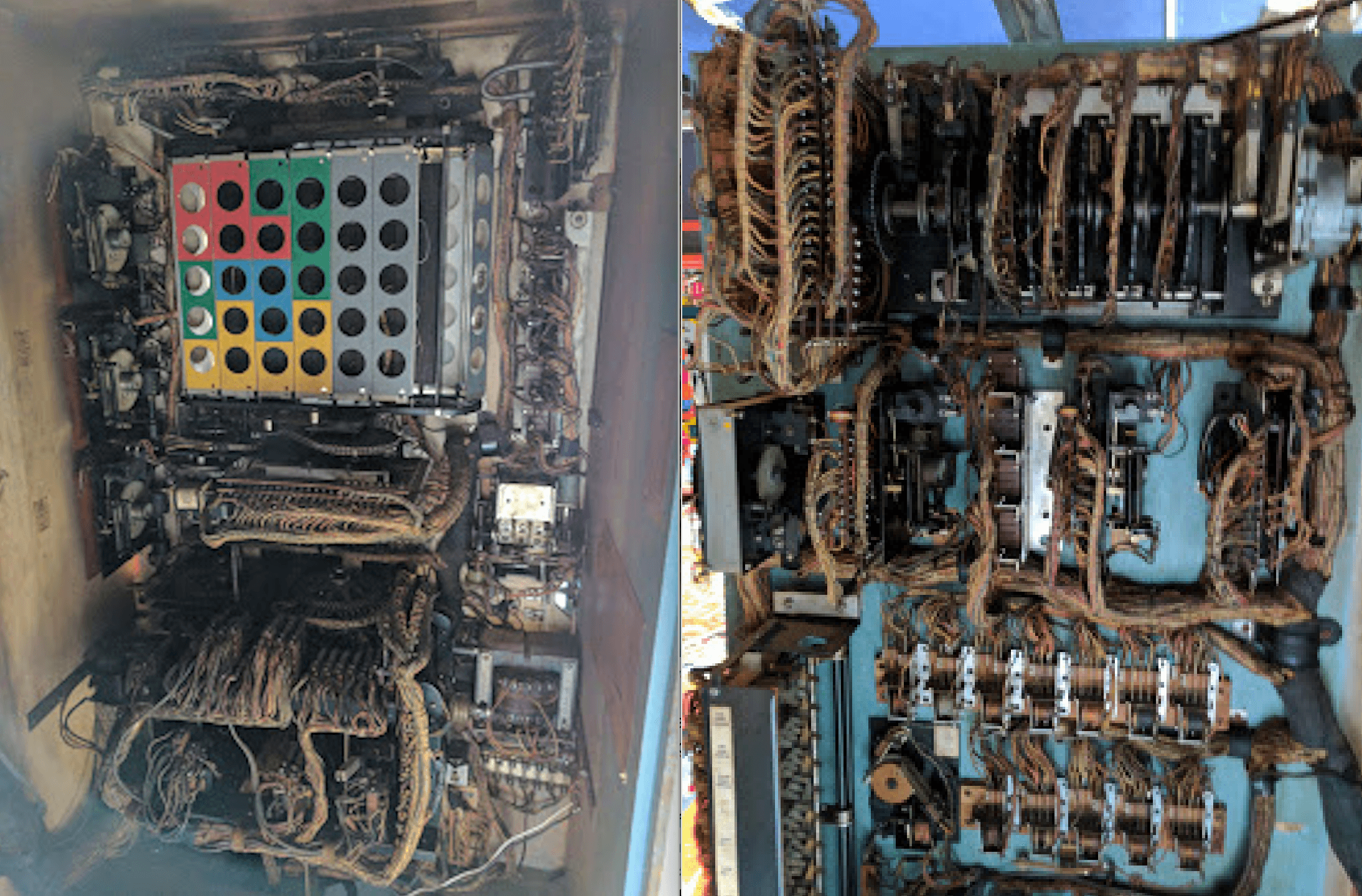 Vintage complex machinery with colorful indicator panel and intricate wiring