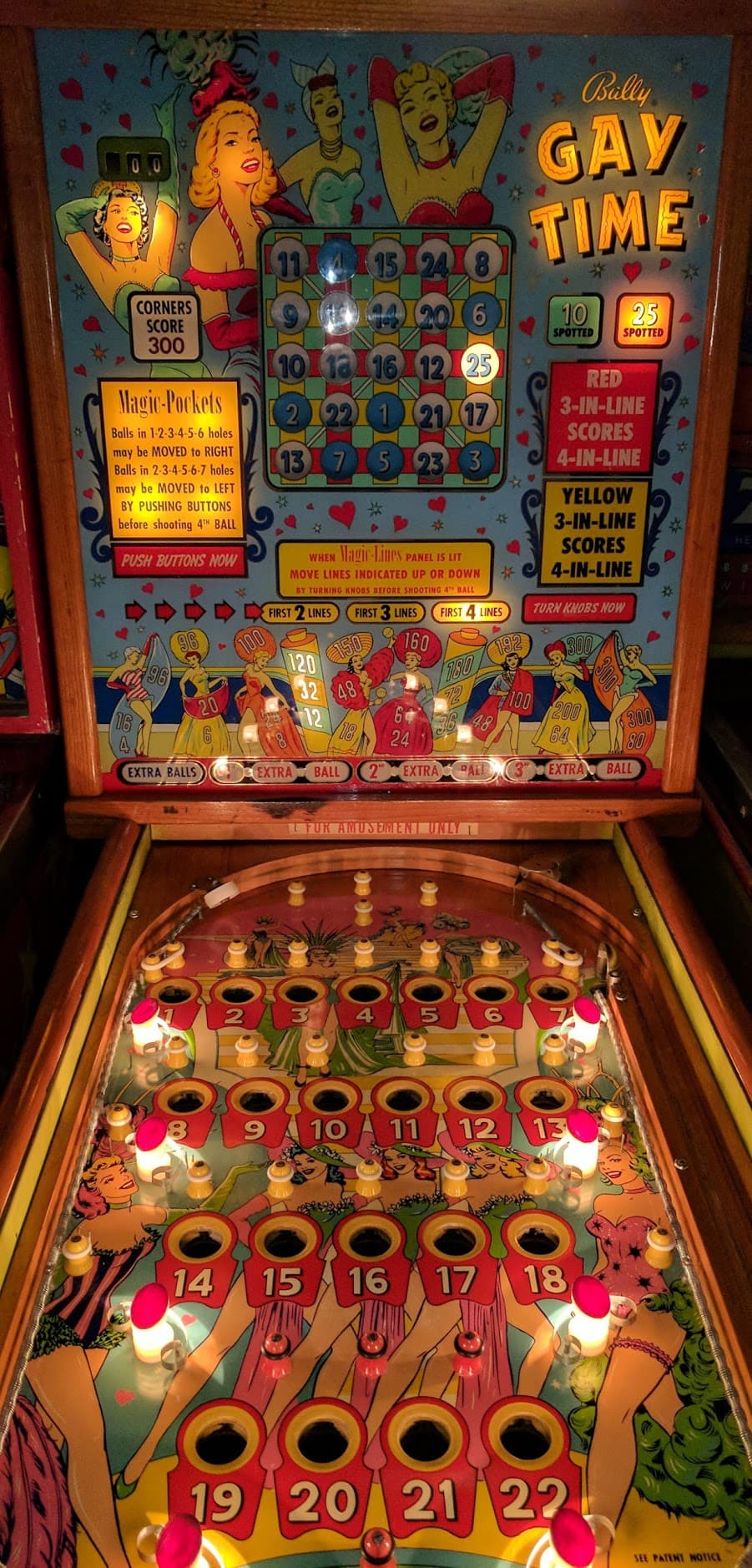 Vintage Bally Gay Time pinball machine with colorful playfield and backglass