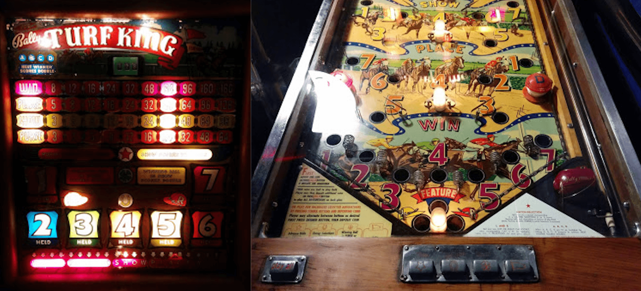 Vintage Turf King pinball machine with illuminated scoreboard and playfield