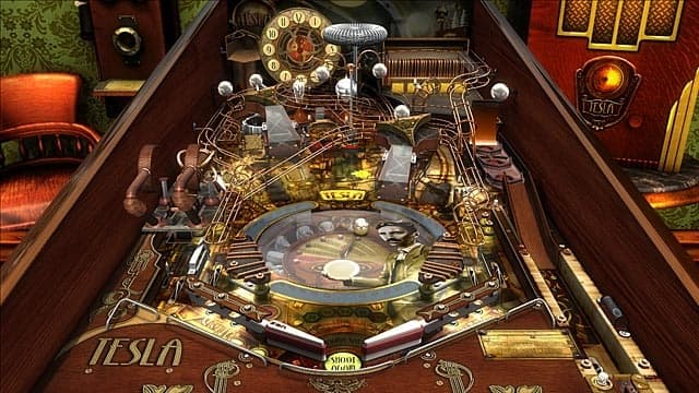 Vintage Tesla-themed pinball machine with intricate mechanical details and lights