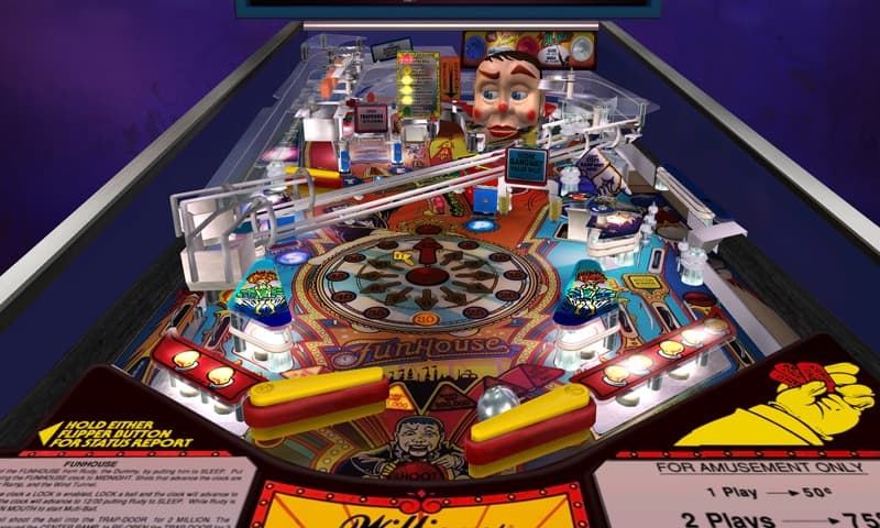 Colorful Funhouse pinball machine with creepy talking head and playfield details
