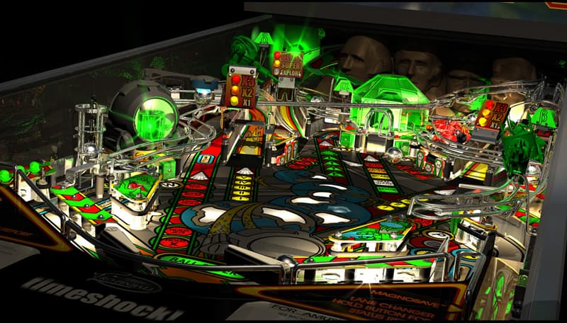 Colorful pinball machine with intricate green and red design and complex layout