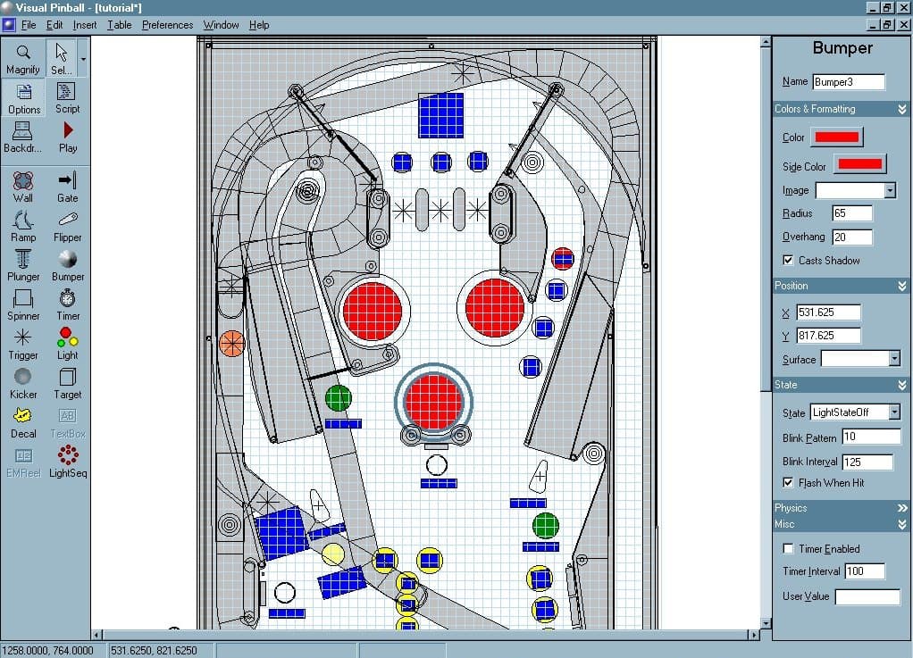 Visual Pinball design software showing detailed pinball table layout editor