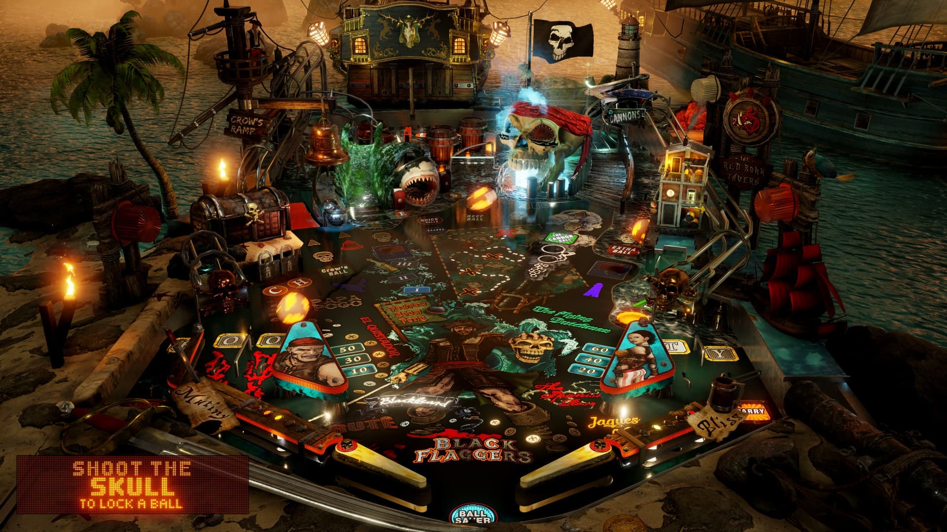 Pirate-themed pinball machine with ships, skulls, and maritime elements
