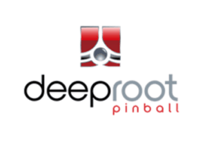 Deep Root Pinball logo with stylized red and gray graphic design