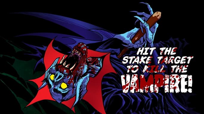 Stylized graphic of vampire hunters with dramatic red and blue colors