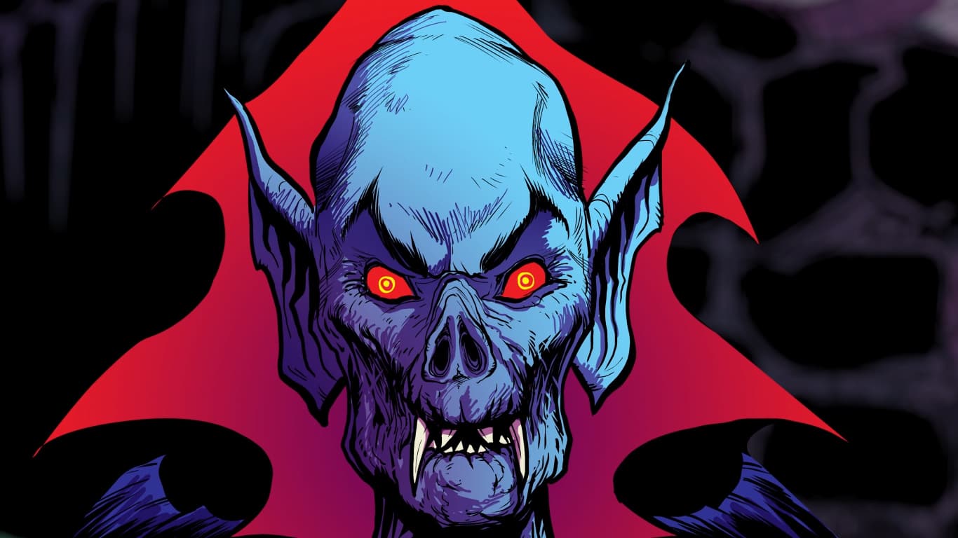 Menacing vampire-like creature with glowing red eyes against red background