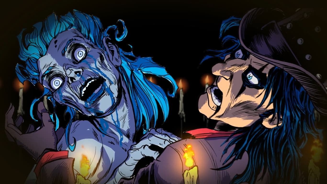 Two ghostly figures with intense expressions by candlelight