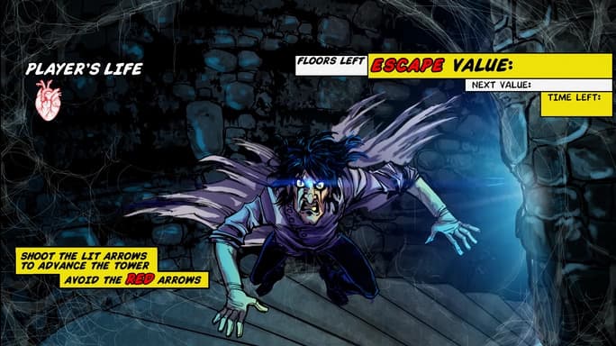 Video game scene with haunting character dodging arrows in dark tower