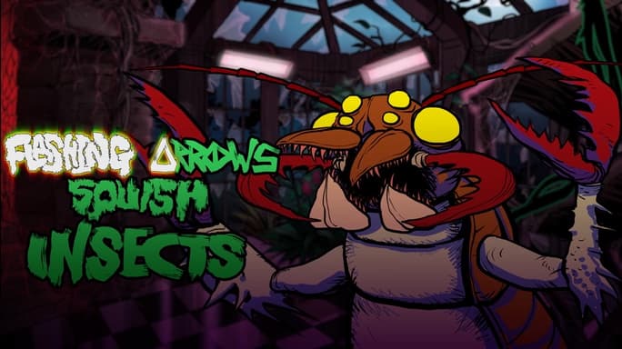 Flashing Arrows Squish Insects video game title screen with monstrous creature