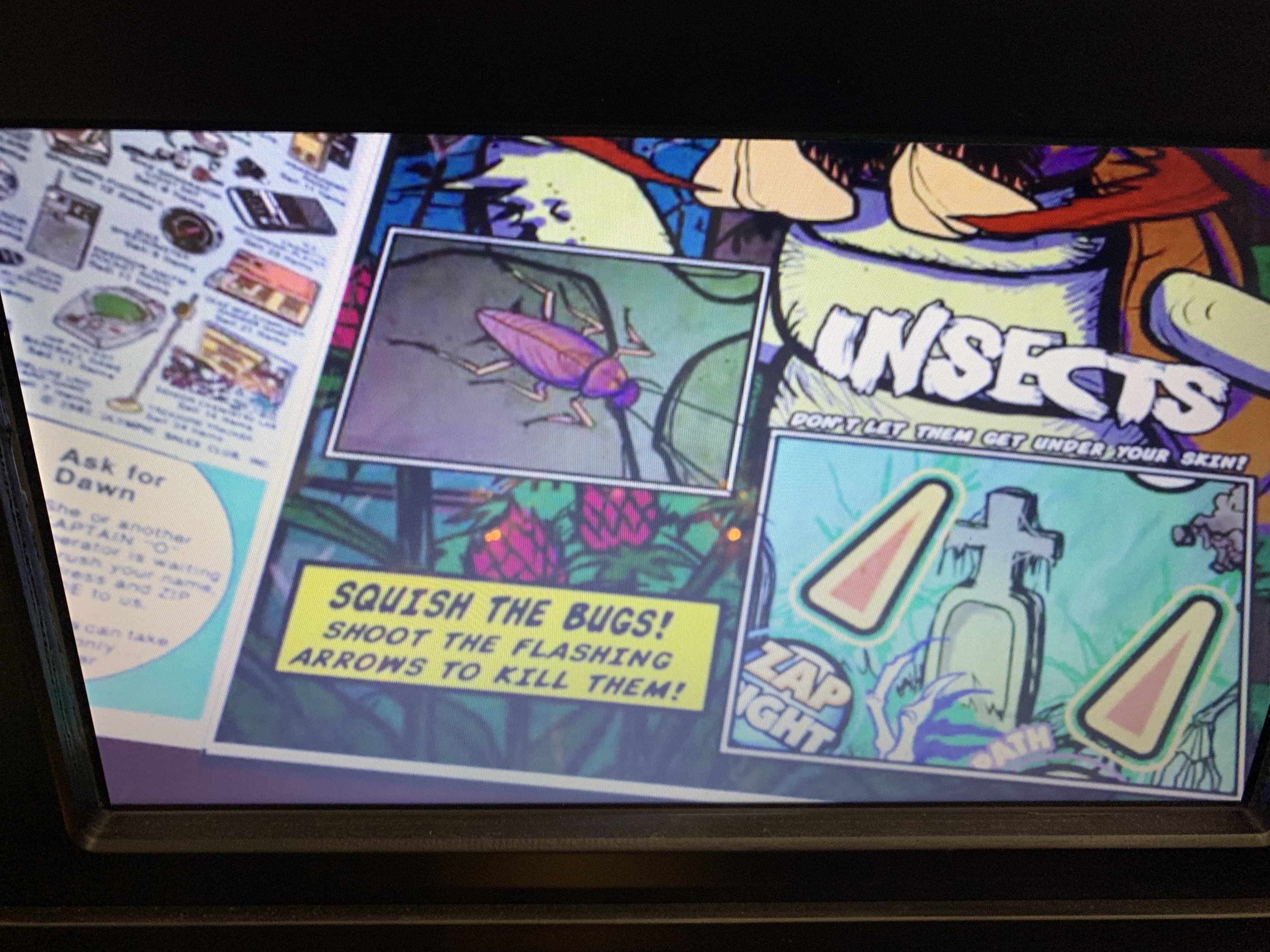 Comic panel showing instructions to squish bugs with flashing arrows