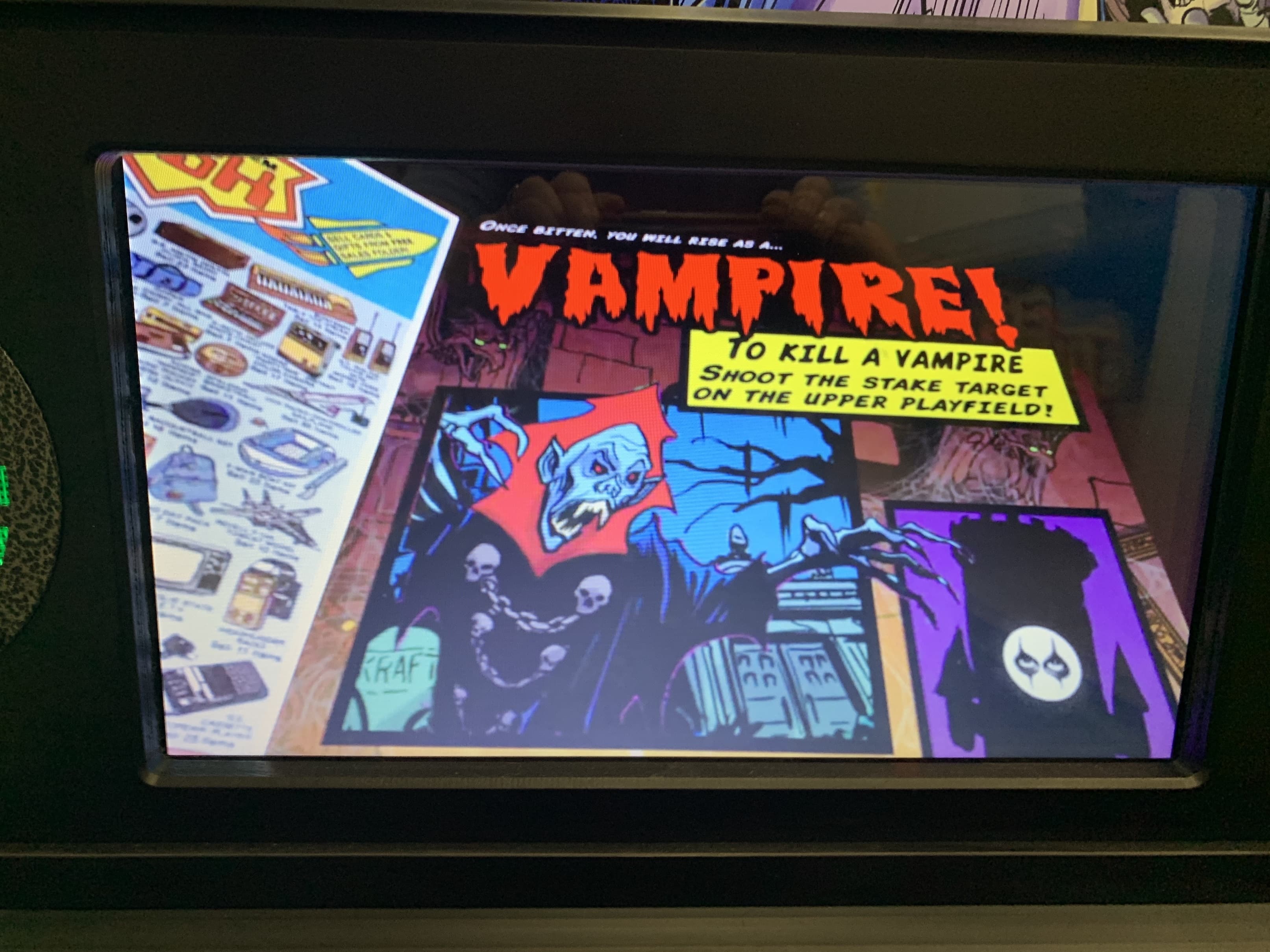 Vampire-themed pinball machine instructions with colorful comic-style artwork