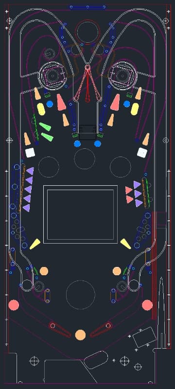 Colorful pinball machine layout with geometric design and playfield elements