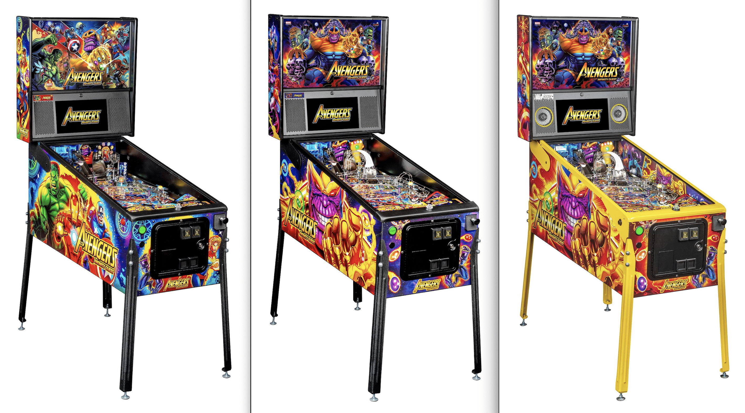 Avengers-themed pinball machine with colorful superhero artwork