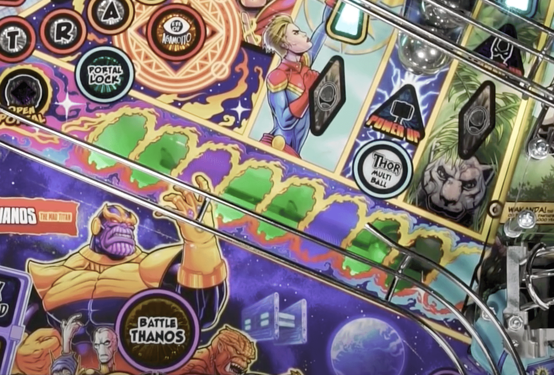 Marvel heroes and villains on colorful cosmic game board with multiple tokens