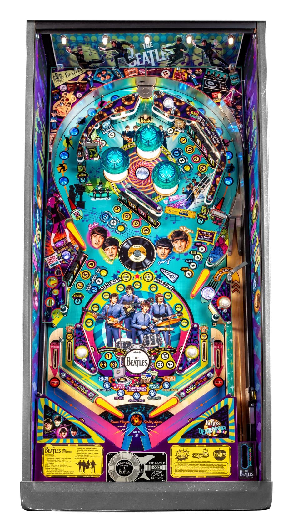 The Beatles themed pinball machine with colorful artwork and band members