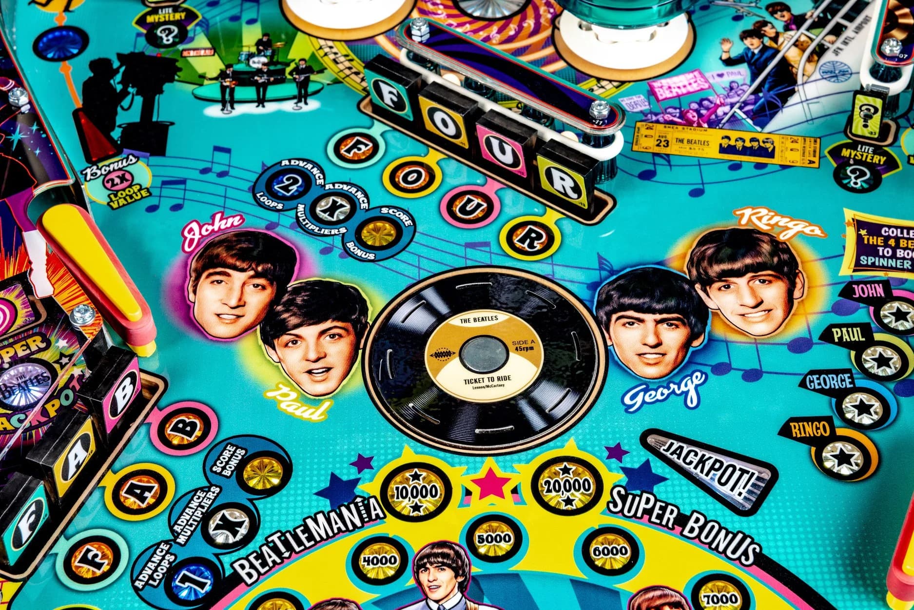 Colorful Beatles-themed pinball machine with band members and music elements