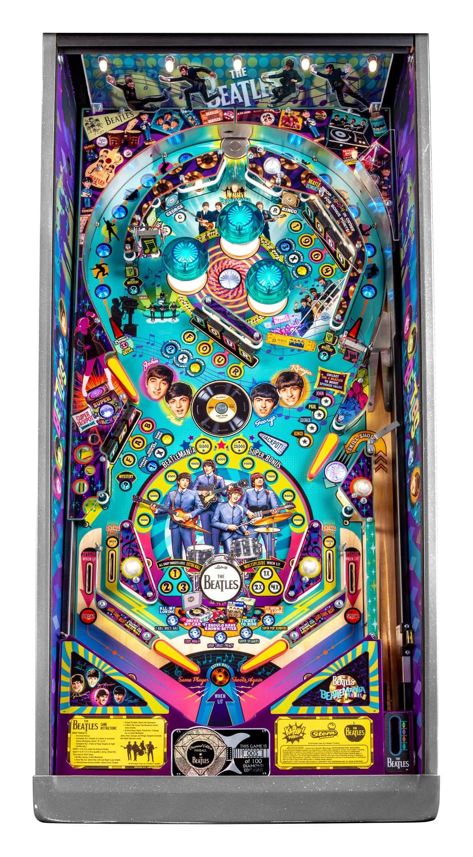 The Beatles-themed pinball machine with colorful artwork and band imagery