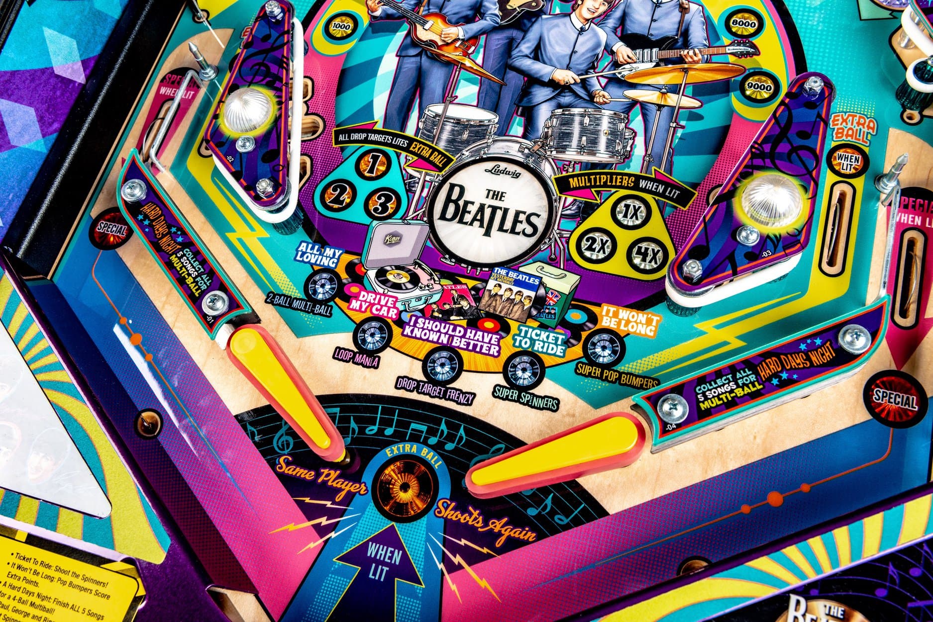 The Beatles themed pinball machine with colorful design and band members