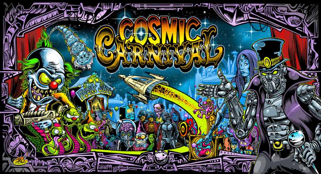 Vibrant cosmic carnival with aliens, spaceships, and colorful sci-fi characters