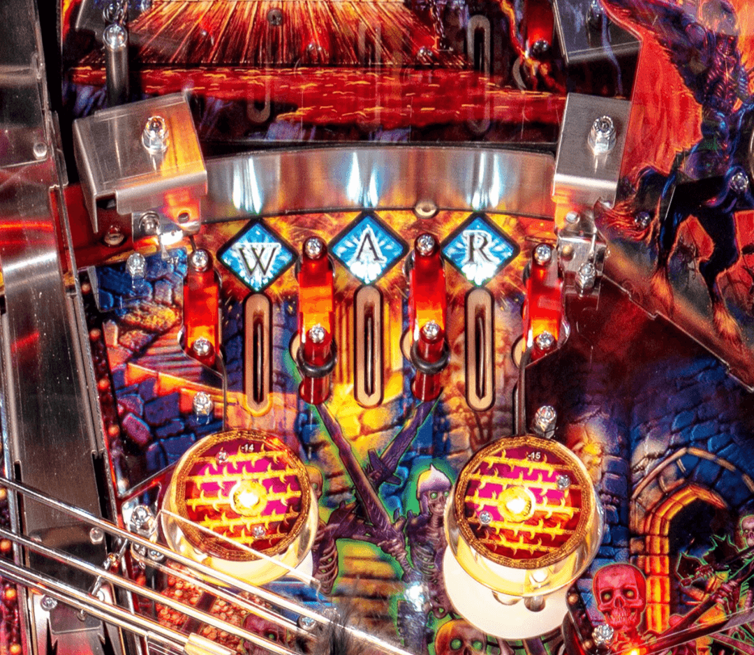 Colorful pinball machine with war-themed artwork and glowing blue letters